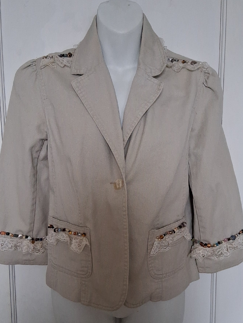 Newport News Beige Girlcore Lace-Trim Blazer upcycled w beaded accents  S